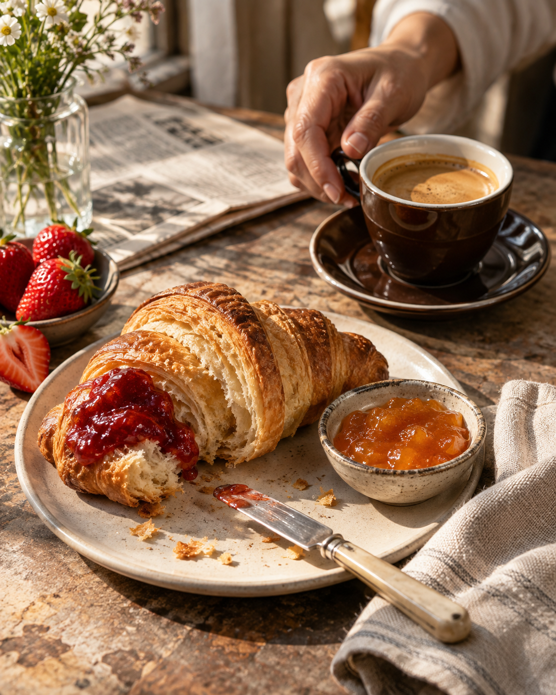 Sonntagsfrühstück mit Croissant, Früchten und Espresso